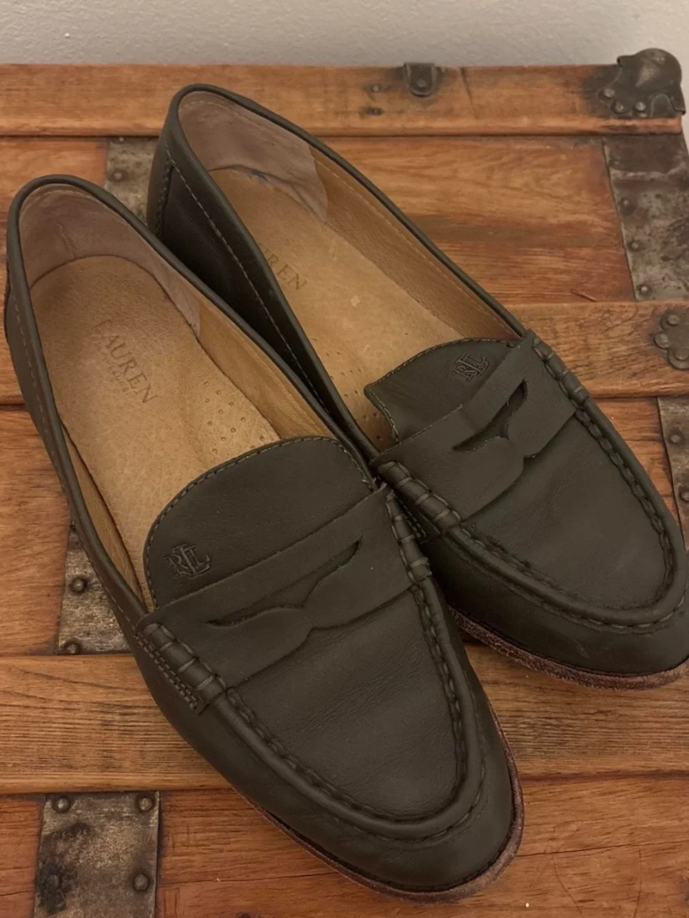Ralph Lauren Olive Green Leather Penny Loafers for Women